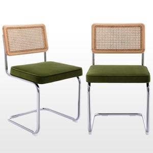 Green Velvet Dining Chairs with Cane Back