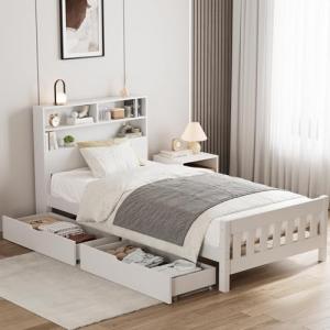 Aptliton White Pine Single Bed Frame with Drawers
