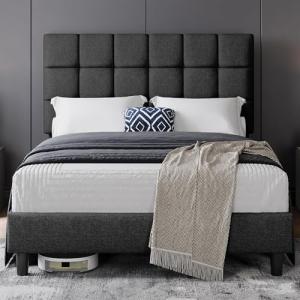 Yaheetech 4ft6 Upholstered Platform Bed, Dark Grey
