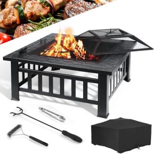32-Inch Square Outdoor Fire Pit with Grill