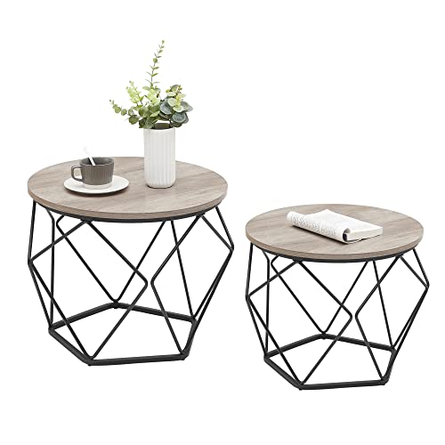 VASAGLE Round Coffee Table Set, Greige and Black