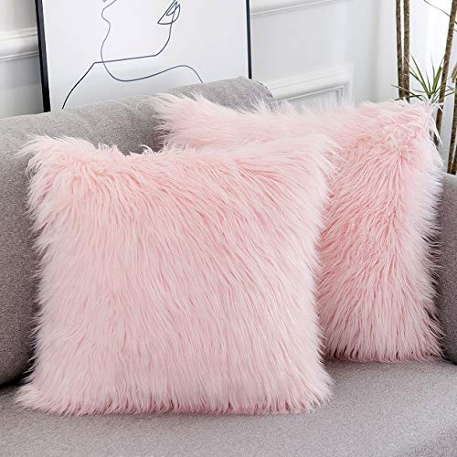 Set of 2 Pink Fluffy Faux Fur Pillow Covers