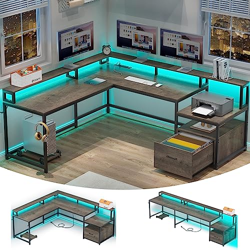 L-Shaped Gaming Desk with LED Lights