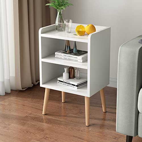 Mid-century Modern White Nightstand with Storage Shelf