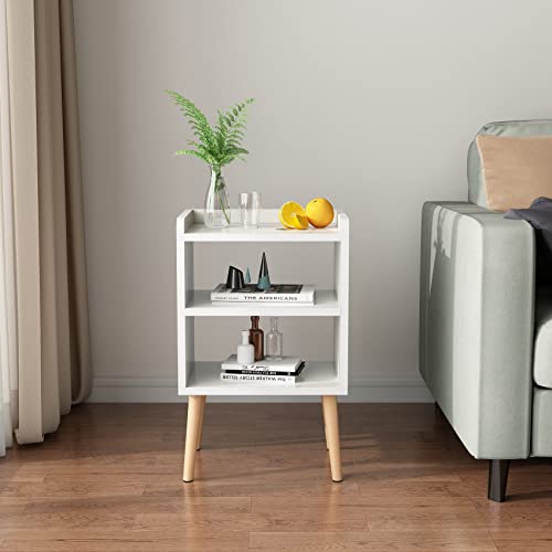 Mid-century Modern White Nightstand with Storage Shelf