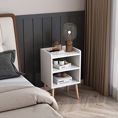 Mid-century Modern White Nightstand with Storage Shelf