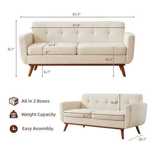 65" Mid-Century Modern Loveseat Couch Beige
