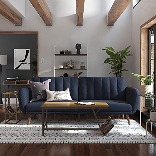 Blue Linen Sofa Bed with Wooden Legs
