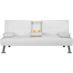 Black Faux Leather Futon with Cupholders and Pillows