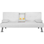 Black Faux Leather Futon with Cupholders and Pillows
