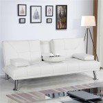 Black Faux Leather Futon with Cupholders and Pillows