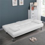 Black Faux Leather Futon with Cupholders and Pillows