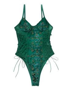 Lilosy Women's Lace-Up Floral Embroidered Teddy Bodysuit
