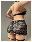 SOLY HUX Women's 5 Piece Lingerie Lace Sheer Cut Out Underwire Bra and Panty Set with Stockings, Plain Black, Medium