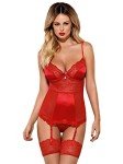 Selente Love & Fun Women's Seductive 3-Piece Corset Lingerie Set with Suspenders, Thong & Satin Blindfold, Made in EU, Red bra, S-M