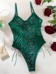 Lilosy Women's Lace-Up Floral Embroidered Teddy Bodysuit