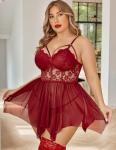 Avidlove Plus Size Wine Red Lace Babydoll