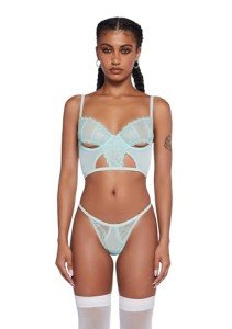 Dolls Kill Midnight Entanglements Lingerie Set, Lace & Mesh with Cut-Out Design, Sage, Medium