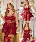 Avidlove Plus Size Wine Red Lace Babydoll
