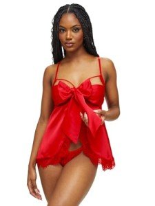 Ann Summers - Unwrap Me Satin Babydoll, Sexy Christmas Costume for Women, Satin Lingerie Set, Lace Babydoll with Wrap Bow Detail & Matching Crotchless Thong Red