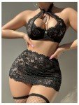 SOLY HUX Women's 5 Piece Lingerie Lace Sheer Cut Out Underwire Bra and Panty Set with Stockings, Plain Black, Medium