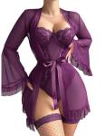 Avidlove Purple Sheer Kimono Robe and Teddy
