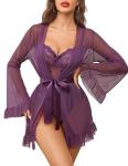 Avidlove Purple Sheer Kimono Robe and Teddy
