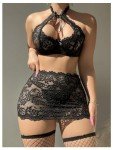 SOLY HUX Women's 5 Piece Lingerie Lace Sheer Cut Out Underwire Bra and Panty Set with Stockings, Plain Black, Medium