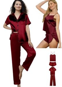 Burgundy Satin 4-Piece Cami Pajama Set