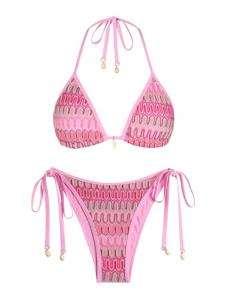 Colorblock Triangle Halter Cheeky Thong Bikini Set