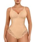 FeelinGirl Women's Lace V Neck Bodysuit in Khaki