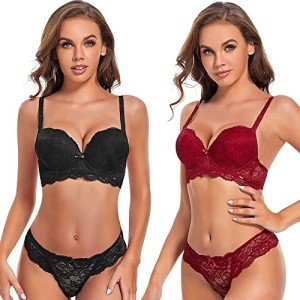 SHEKINI Lingerie Set Women's Underwear Bra Set Lace Bra and Thong Removable Straps Push Up Bra with Underwire Sexy Lingerie Thong, E,6017, 85B