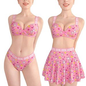 LittleForBig Women High Waisted Elastic Mini Skirt Bralette Panty 3 Pieces Set Plus Size Friendly - Usagi Sporty Bralette Skirt Set Pink S