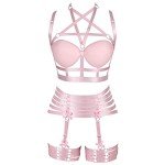 PETM•HS Womens Strappy Full Cage Body Harness Lingerie Garter Belt Set Elastic Hollow Tops Bralette Punk Gothic Festival Rave Wear (Pink)