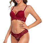 SHEKINI Lingerie Set Women's Underwear Bra Set Lace Bra and Thong Removable Straps Push Up Bra with Underwire Sexy Lingerie Thong, E,6017, 85B
