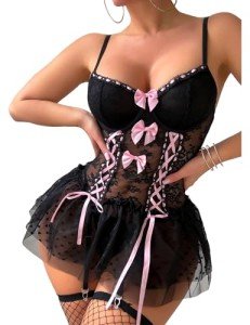 Neohouny Lingerie Sets for Women Sexy Lace Up Corset with Garter Babydoll Lingerire Dress Rave Outfits, Black, Medium
