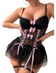 Neohouny Lingerie Sets for Women Sexy Lace Up Corset with Garter Babydoll Lingerire Dress Rave Outfits, Black, Medium