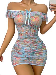 Floral Print Mesh Babydoll Lingerie Set in Blue