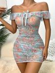 Floral Print Mesh Babydoll Lingerie Set in Blue