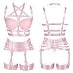 PETM•HS Womens Strappy Full Cage Body Harness Lingerie Garter Belt Set Elastic Hollow Tops Bralette Punk Gothic Festival Rave Wear (Pink)