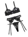Aimedalis Sexy Floral Embroidery Mesh Sheer Underwire Push Up Garter Belt Women's Sexy Lingerie Set 3 Piece, Black, S