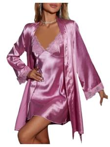 WDIRARA Women's Lace Cami Nightgown and Robe Set