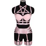 PETM•HS Womens Strappy Full Cage Body Harness Lingerie Garter Belt Set Elastic Hollow Tops Bralette Punk Gothic Festival Rave Wear (Pink)