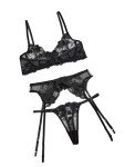 Aimedalis Sexy Floral Embroidery Mesh Sheer Underwire Push Up Garter Belt Women's Sexy Lingerie Set 3 Piece, Black, S