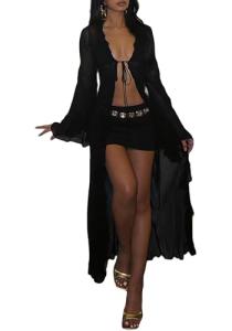 Sheer Mesh Kimono Cardigan with Ruffled Sleeves