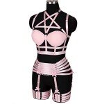 PETM•HS Womens Strappy Full Cage Body Harness Lingerie Garter Belt Set Elastic Hollow Tops Bralette Punk Gothic Festival Rave Wear (Pink)