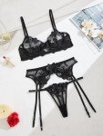 Aimedalis Sexy Floral Embroidery Mesh Sheer Underwire Push Up Garter Belt Women's Sexy Lingerie Set 3 Piece, Black, S