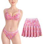 LittleForBig Women High Waisted Elastic Mini Skirt Bralette Panty 3 Pieces Set Plus Size Friendly - Usagi Sporty Bralette Skirt Set Pink S