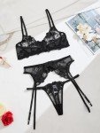 Aimedalis Sexy Floral Embroidery Mesh Sheer Underwire Push Up Garter Belt Women's Sexy Lingerie Set 3 Piece, Black, S