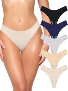 REORIA Women's Cotton Seamless Thong Panties 5-Pack